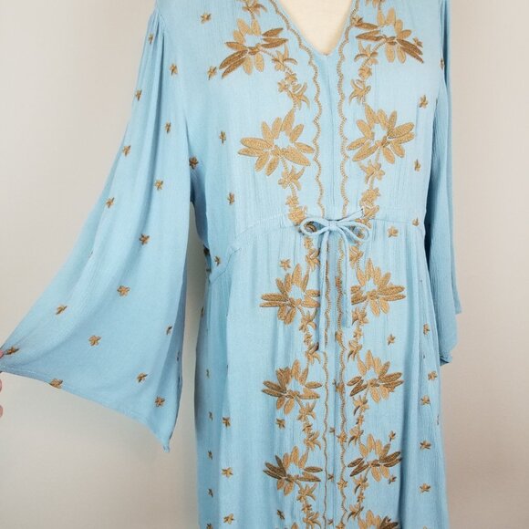 Paparazzi Blue Green Gauzy Dress with Gold Floral Embroidery Women's Size Medium - Picture 10 of 11